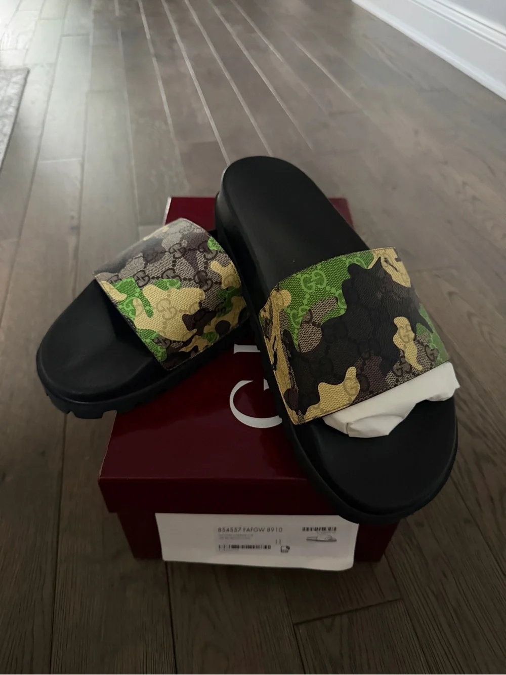 Gucci Men’s Camo Monogram Slide Sandals in Green, Black, Tan